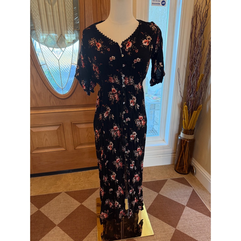 Rue21 Black Floral Maxi Dress Smocked Waist Lace Trim Button Front Small